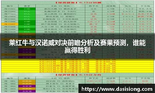 莱红牛与汉诺威对决前瞻分析及赛果预测，谁能赢得胜利